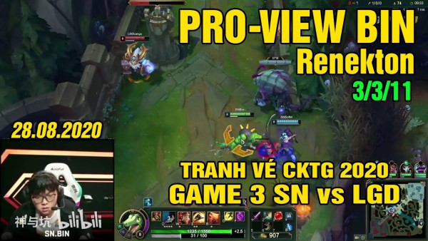 Màn hình game thủ Bin Renekton game 3 vs LGD tranh vé CKTG 28.8.2020